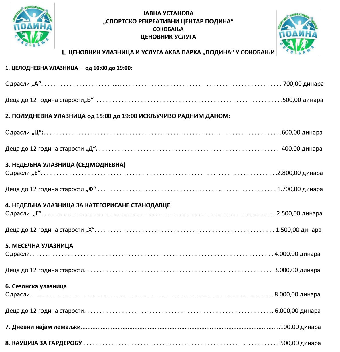 Cenovnik akva parka 2025